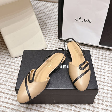 CHANEL 26S SLINGBACK FLATS IN BEIGE CALFSKIN WITH BLACK TRIM