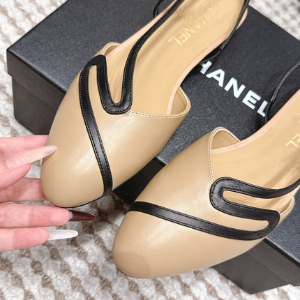 CHANEL 26S SLINGBACK FLATS IN BEIGE CALFSKIN WITH BLACK TRIM