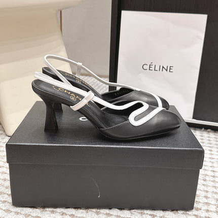 CHANEL 26S HIGH-HEEL SLINGBACKS IN BLACK CALFSKIN WITH WHITE TRIM
