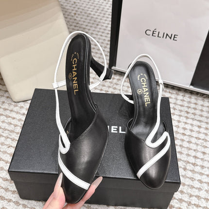 CHANEL 26S HIGH-HEEL SLINGBACKS IN BLACK CALFSKIN WITH WHITE TRIM