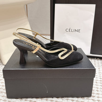 CHANEL 26S HIGH-HEEL SLINGBACKS IN BLACK SUESE WITH GOLD TRIM