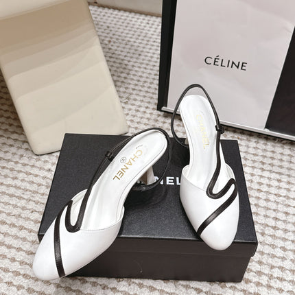 CHANEL 26S HIGH-HEEL SLINGBACKS IN WHITE CALFSKIN WITH BLACK TRIM
