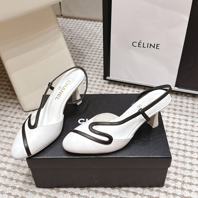 CHANEL 26S HIGH-HEEL SLINGBACKS IN WHITE CALFSKIN WITH BLACK TRIM