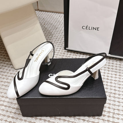 CHANEL 26S HIGH-HEEL SLINGBACKS IN WHITE CALFSKIN WITH BLACK TRIM