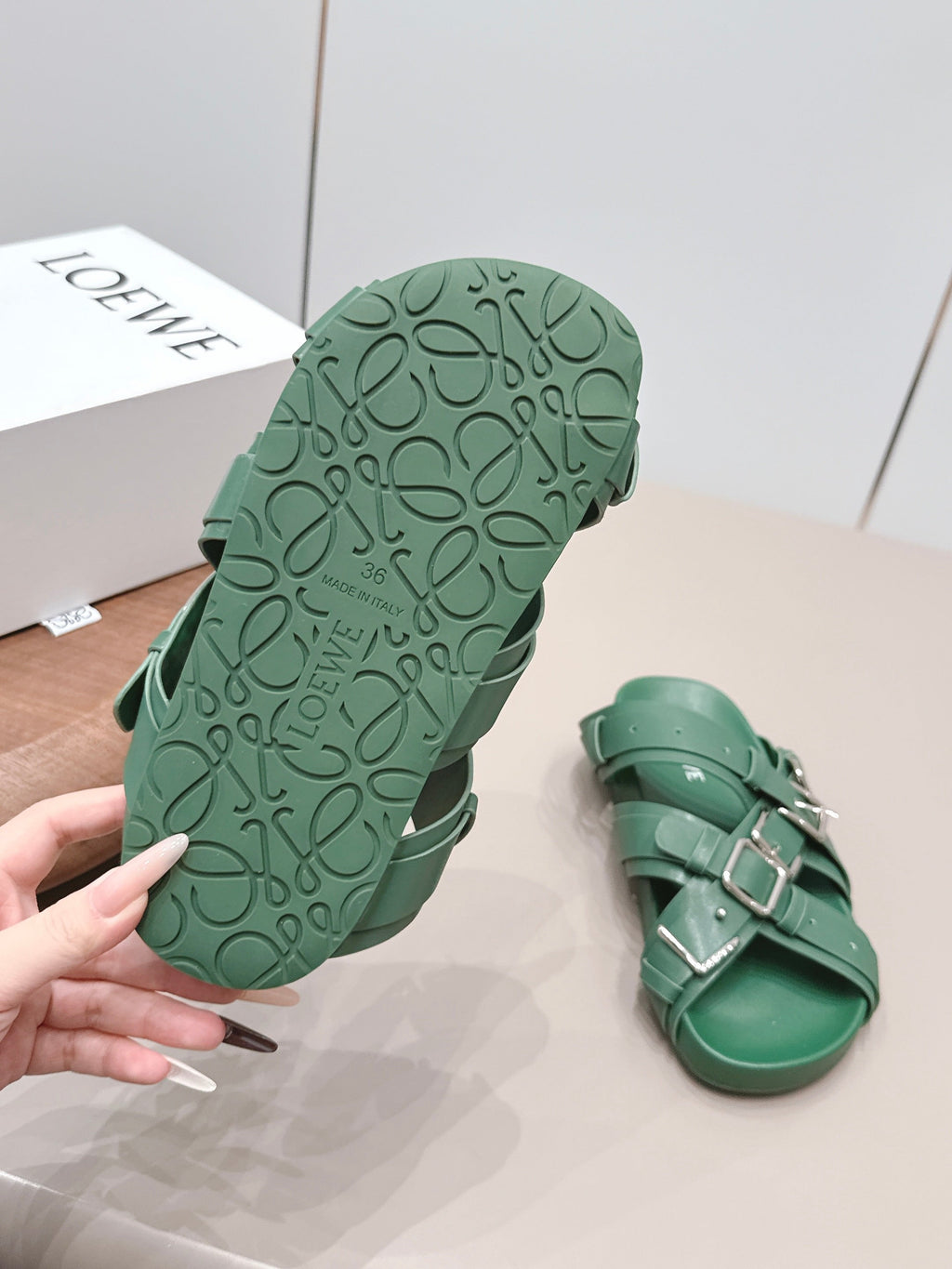 LOEWE 26S BUCKLE SLIDES IN GREEN CALFSKIN SILVER HARDWARE