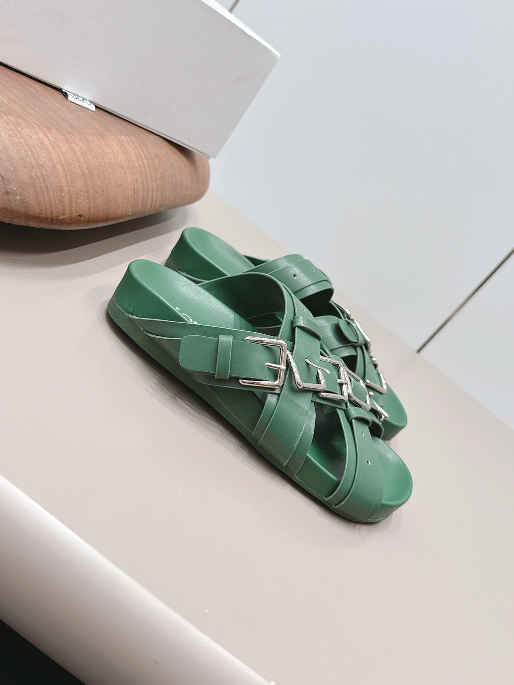 LOEWE 26S BUCKLE SLIDES IN GREEN CALFSKIN SILVER HARDWARE