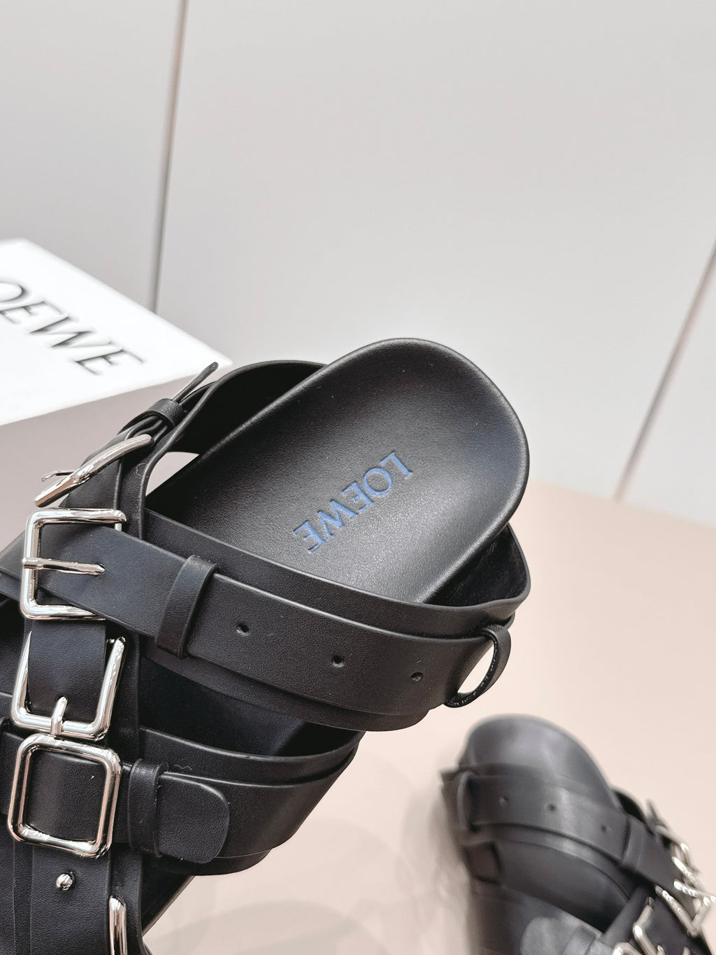 LOEWE 26S BUCKLE SLIDES IN BLACK CALFSKIN SILVER HARDWARE