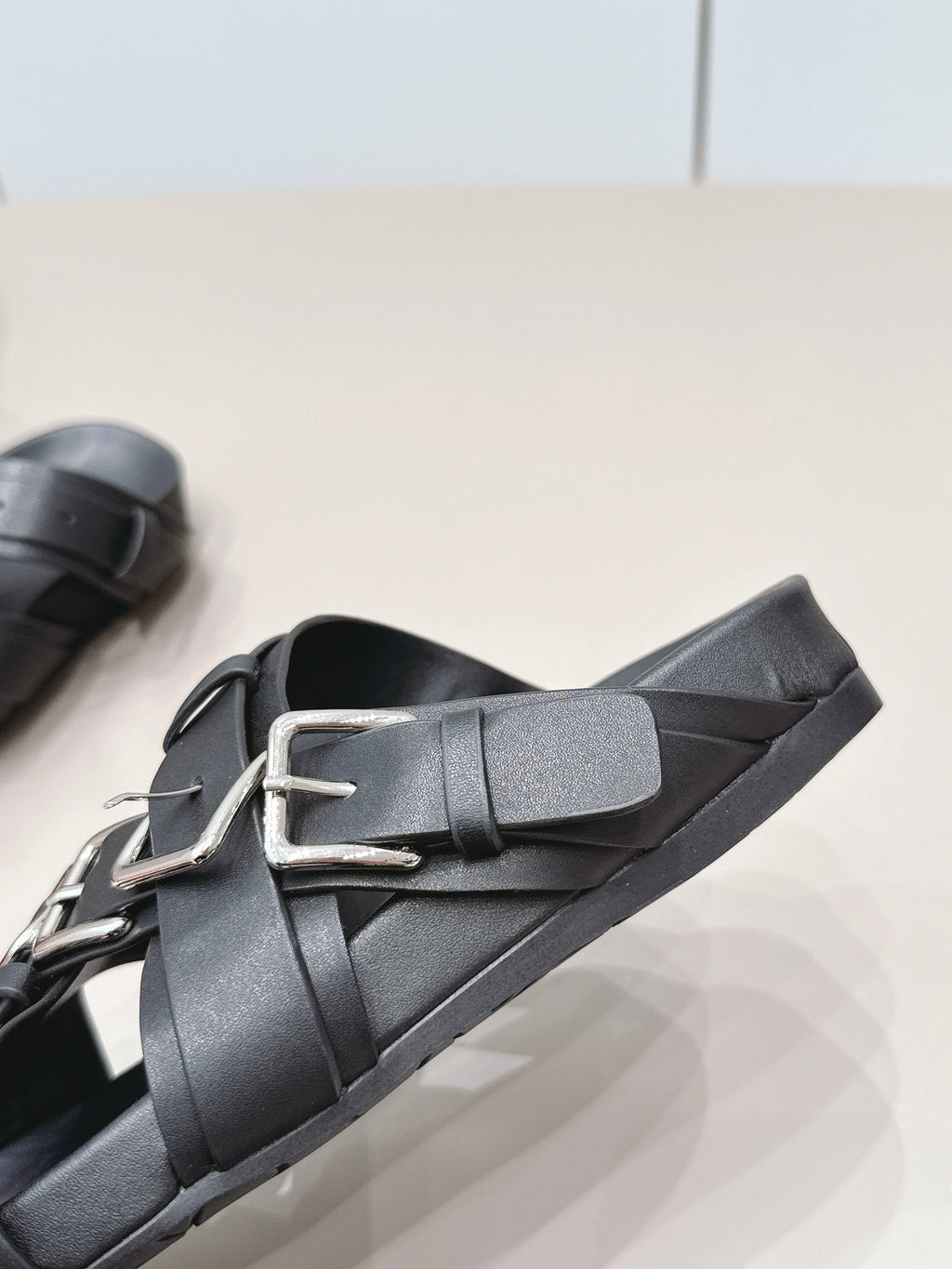 LOEWE 26S BUCKLE SLIDES IN BLACK CALFSKIN SILVER HARDWARE