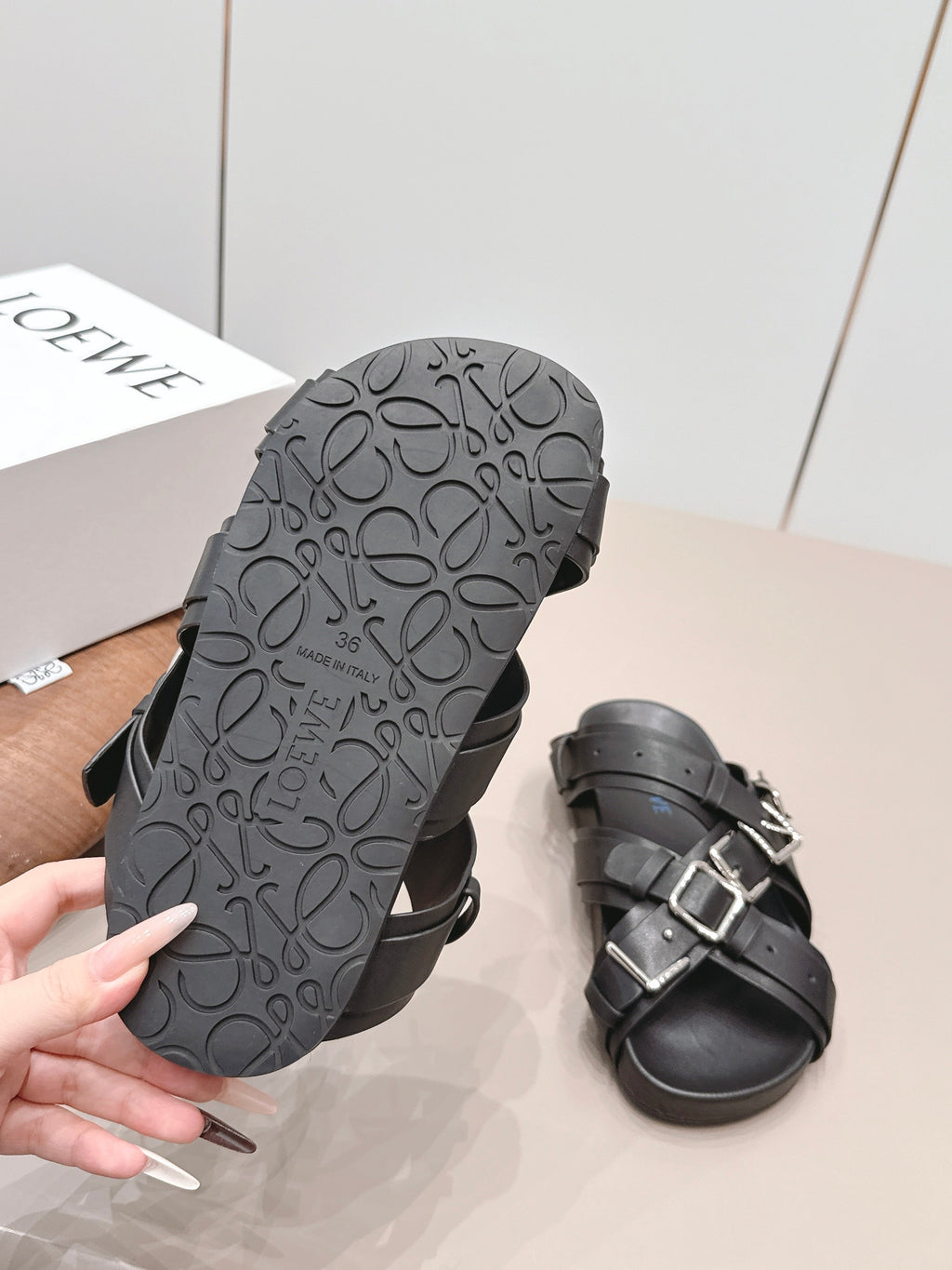 LOEWE 26S BUCKLE SLIDES IN BLACK CALFSKIN SILVER HARDWARE