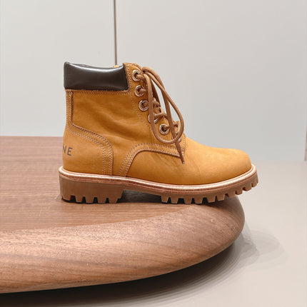 CELINE 26S LACE UP ANKLE BOOTS 40 MM IN TAN SUEDE AND BROWN CALFSKIN