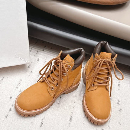 CELINE 26S LACE UP ANKLE BOOTS 40 MM IN TAN SUEDE AND BROWN CALFSKIN