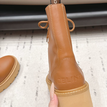 CELINE 26S LACE UP KNEE HIGH BOOTS 50 MM IN BROWN CALFSKIN