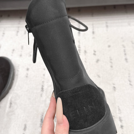 CELINE 26S LACE UP KNEE HIGH BOOTS 35 MM IN BLACK SUEDE AND FABRIC