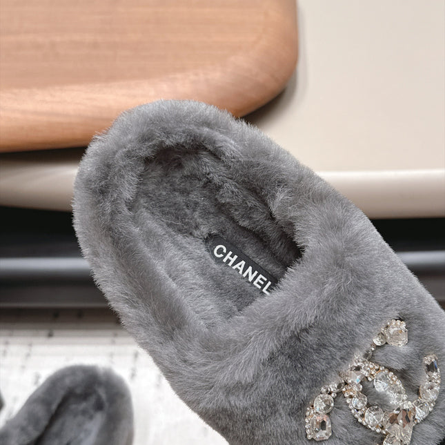 CHANEL 26S MULES IN GREY AND BLACK SHEARLING WITH ROUND TOE