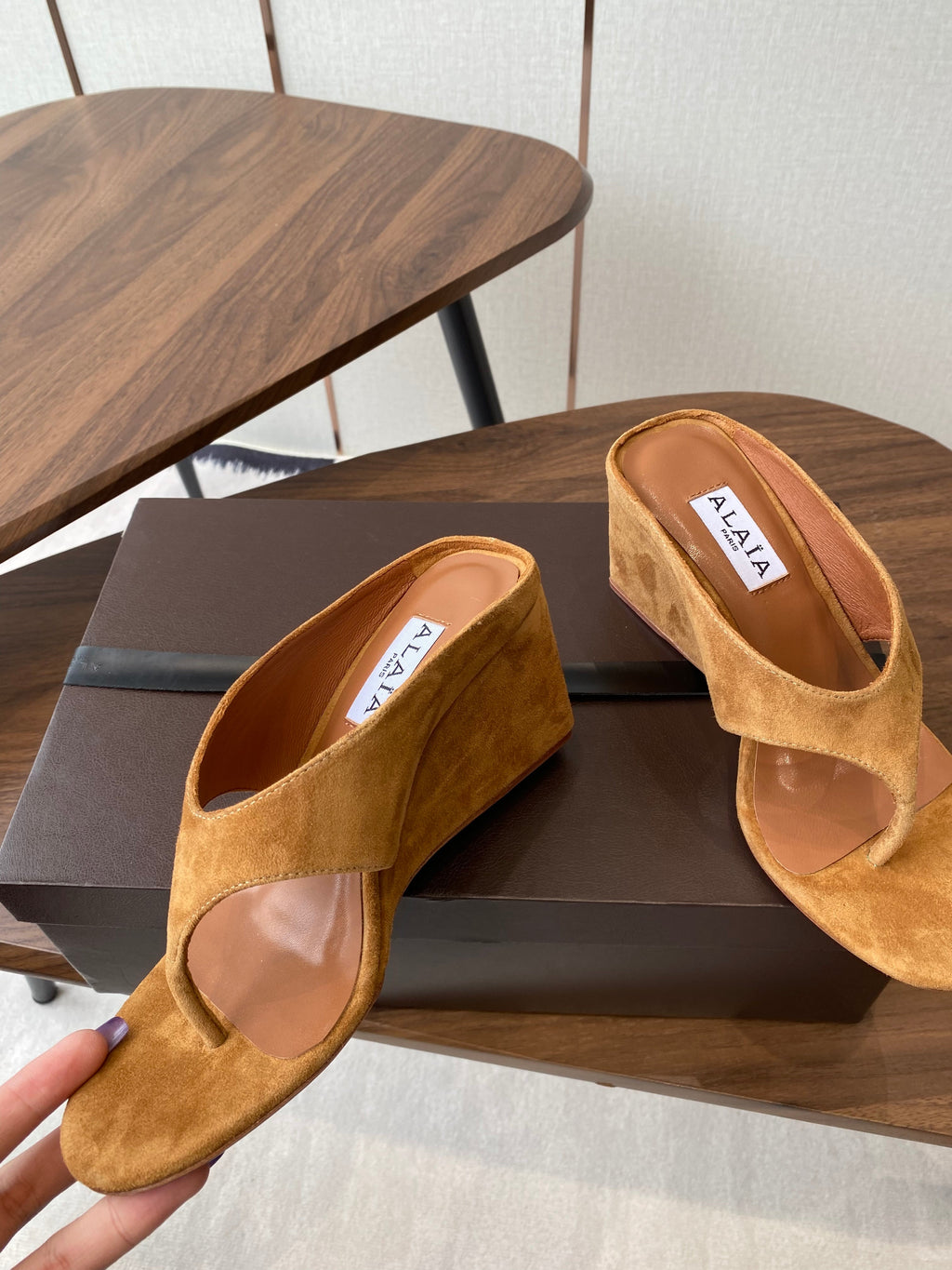 ALAIA WEDGE THONG SANDALS 25S IN BURNT ORANGE SUEDE