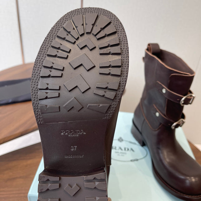 PRADA 25S TWO-BUTTON COWBOY BOOTS IN DARK BROWN CALFSKIN WITH SILVER HARDWARE