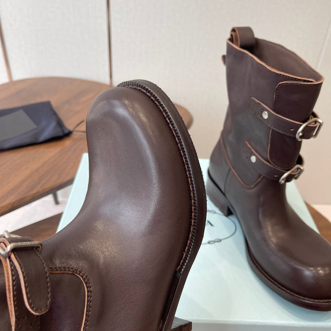 PRADA 25S TWO-BUTTON COWBOY BOOTS IN DARK BROWN CALFSKIN WITH SILVER HARDWARE