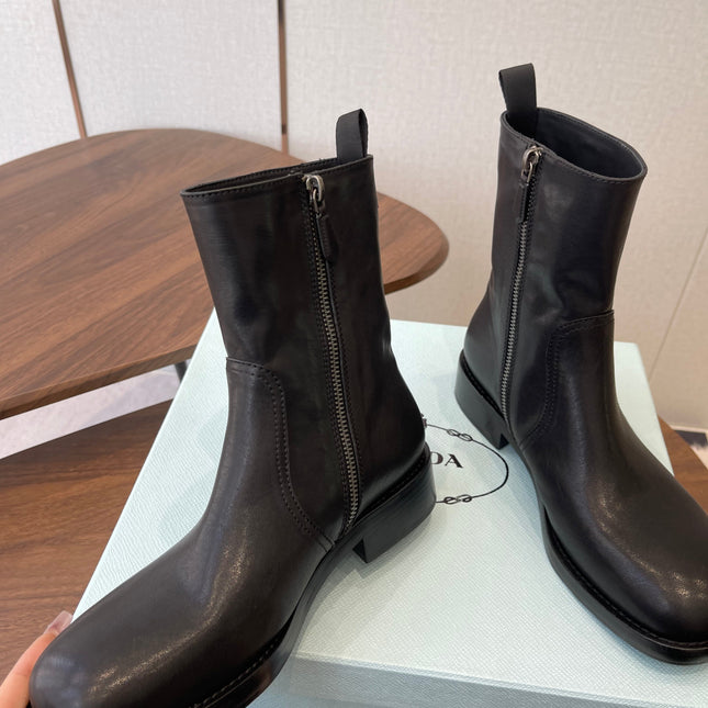 PRADA 25S COWBOY BOOTS IN DARK BLACK-BROWN CALFSKIN