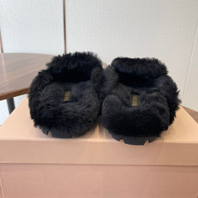 MIUMIU 25S MULES SLIPPERS SHEEPWOOL IN BLACK SUEDE