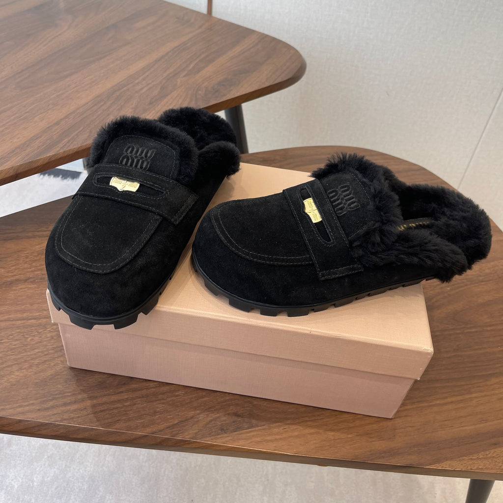 MIUMIU 25S MULES SLIPPERS SHEEPWOOL IN BLACK SUEDE