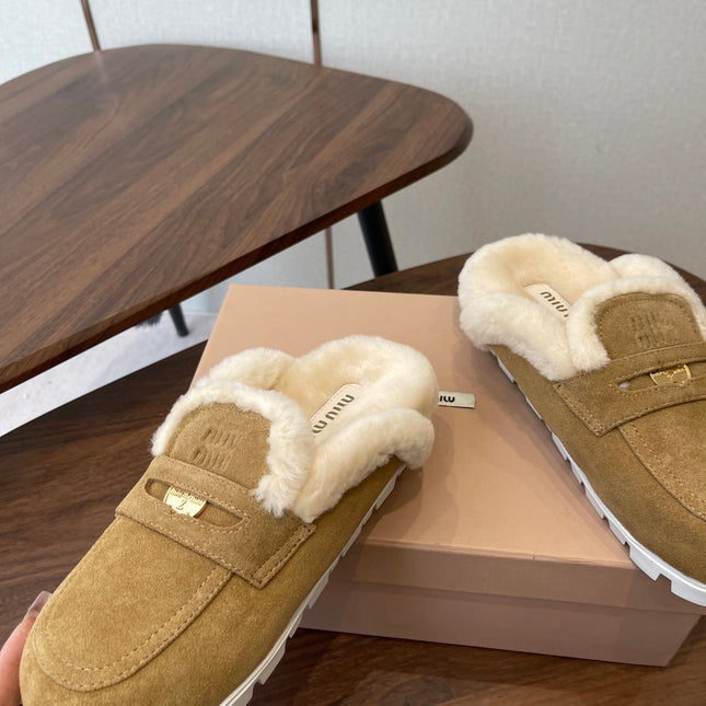 MIUMIU 25S MULES SLIPPERS SHEEPWOOL IN BROWN SUEDE