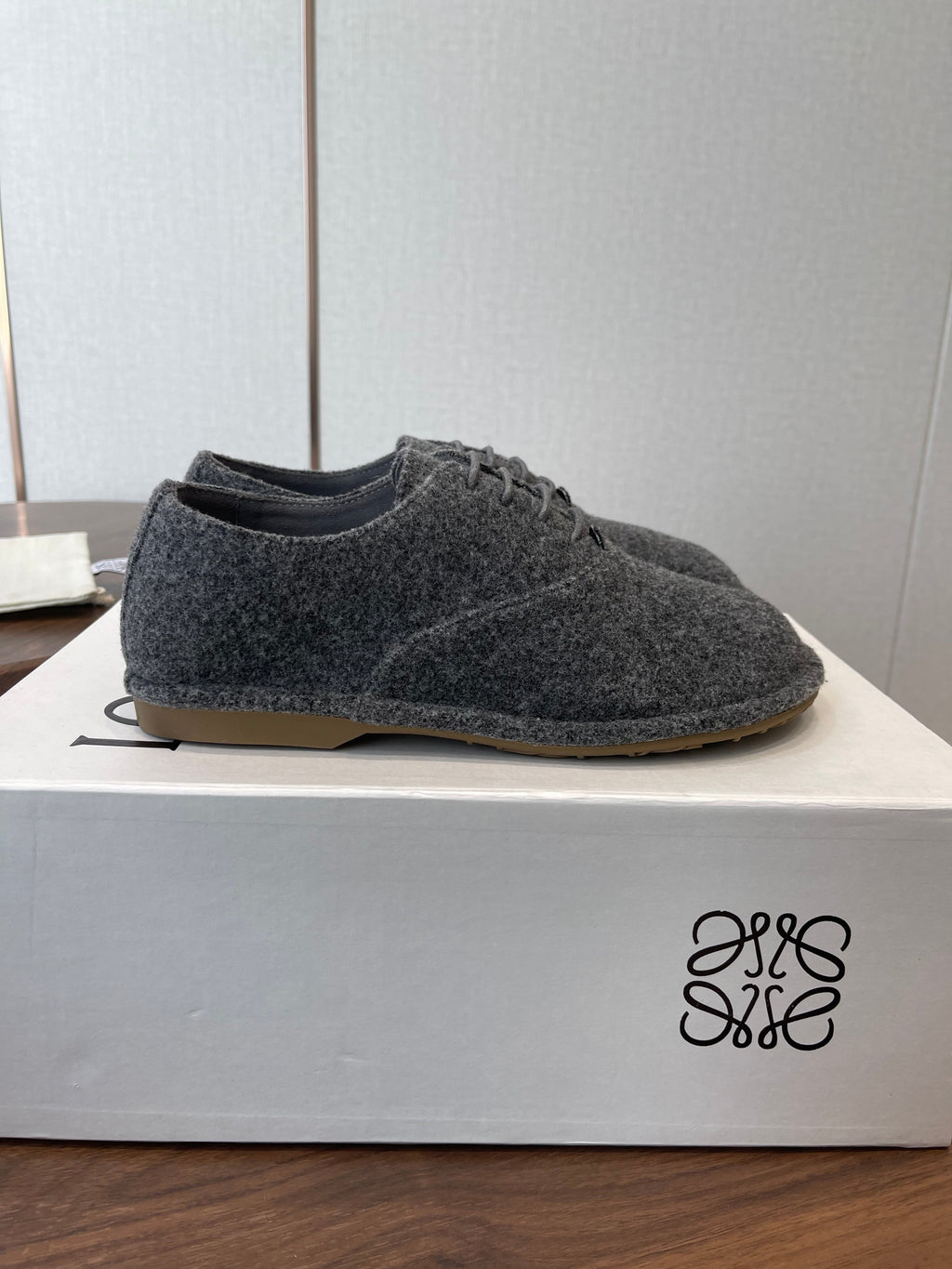 LOEWE 26S FOLIO DERBY SHOES IN DARK GRAY SUEDE