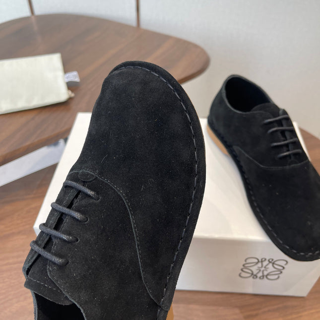 LOEWE 26S FOLIO DERBY SHOES IN BLACK SUEDE