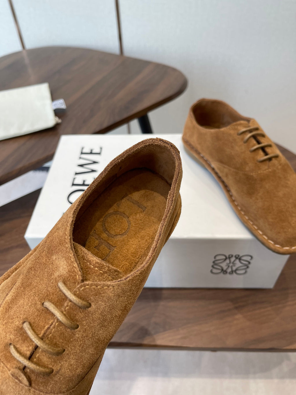 LOEWE 26S FOLIO DERBY SHOES IN DARK BROWN SUEDE