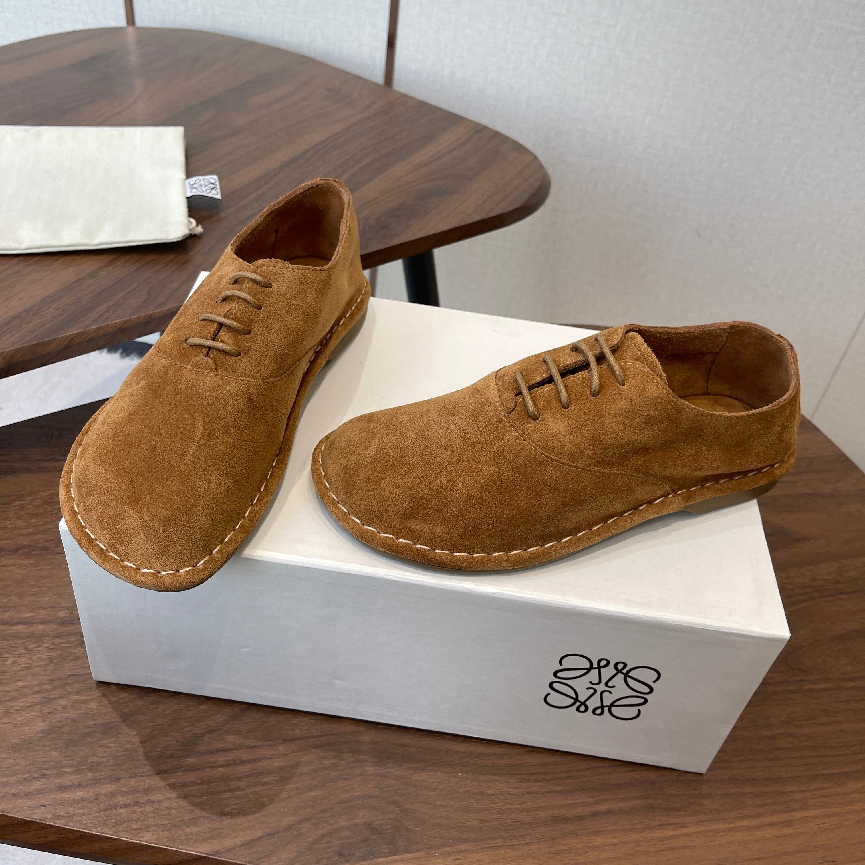 LOEWE 26S FOLIO DERBY SHOES IN DARK BROWN SUEDE