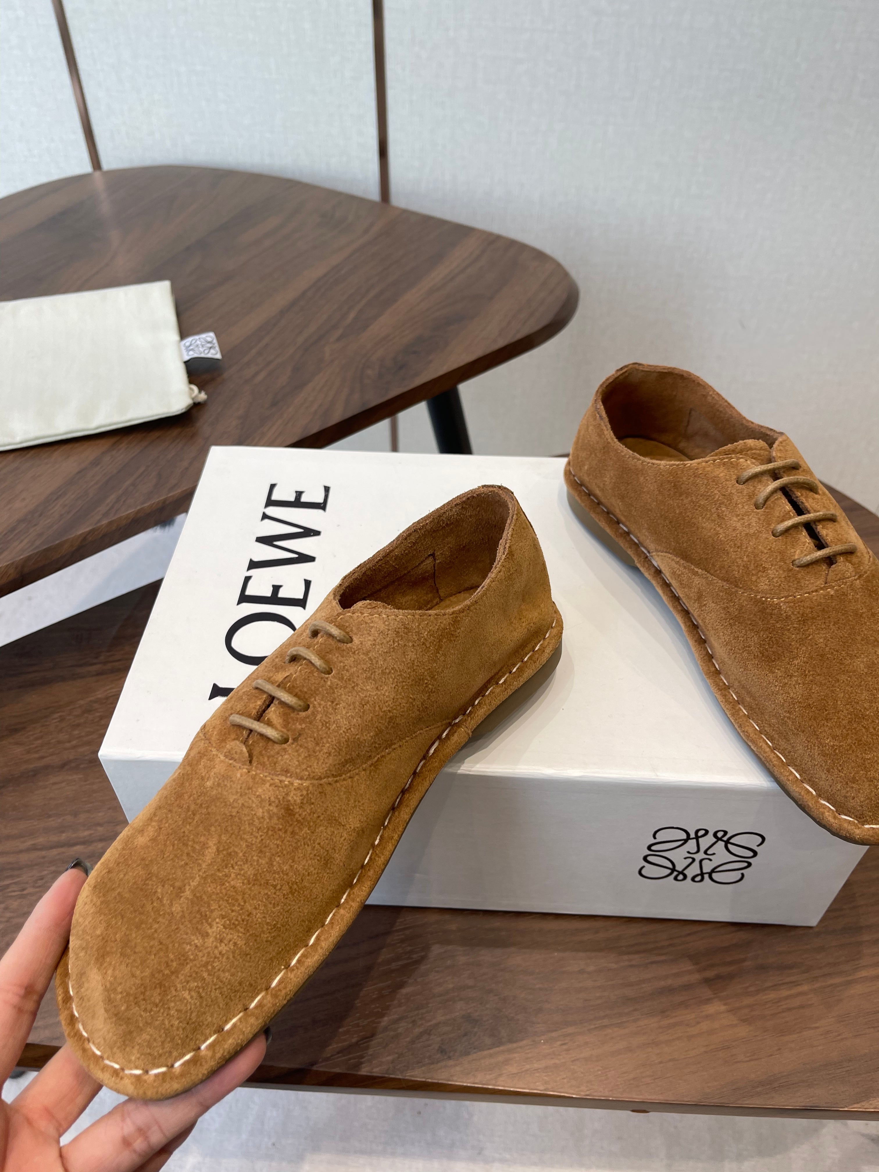 LOEWE 26S FOLIO DERBY SHOES IN DARK BROWN SUEDE