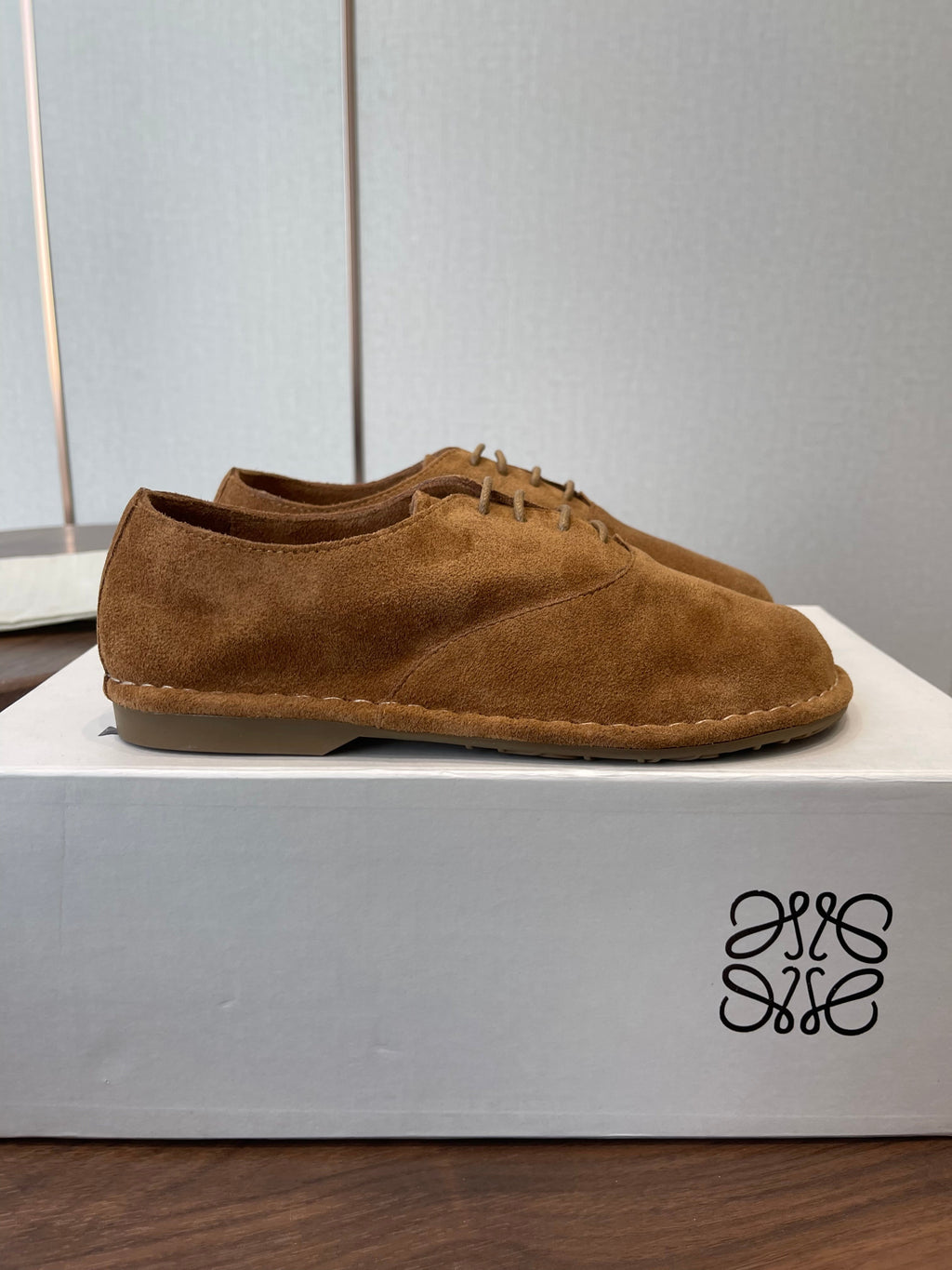 LOEWE 26S FOLIO DERBY SHOES IN DARK BROWN SUEDE