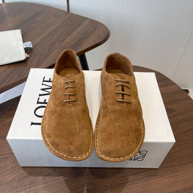 LOEWE 26S FOLIO DERBY SHOES IN DARK BROWN SUEDE