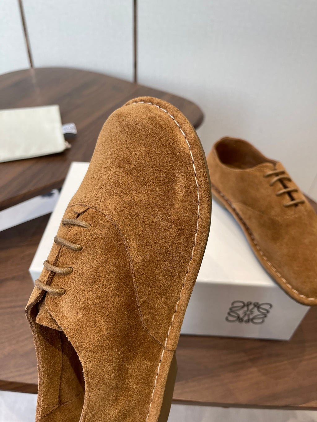 LOEWE 26S FOLIO DERBY SHOES IN DARK BROWN SUEDE