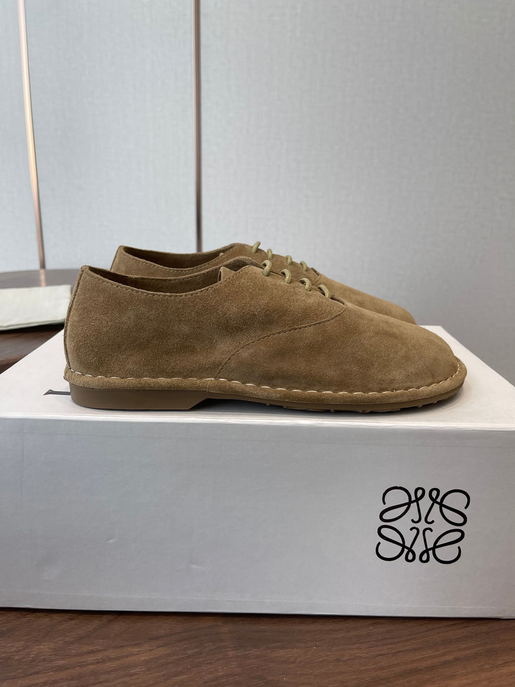LOEWE 26S FOLIO DERBY SHOES IN LIGHT BROWN SUEDE