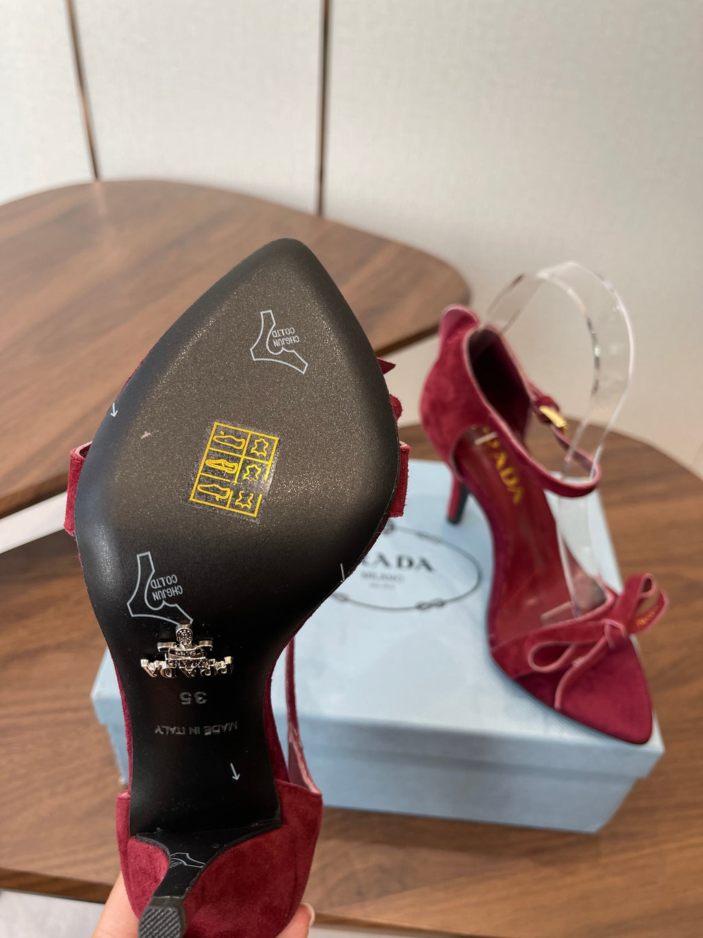 PRADA 26S HIGH HEEL SANDALS 85MM IN BURGUNDY RED SUEDE WITH BOW