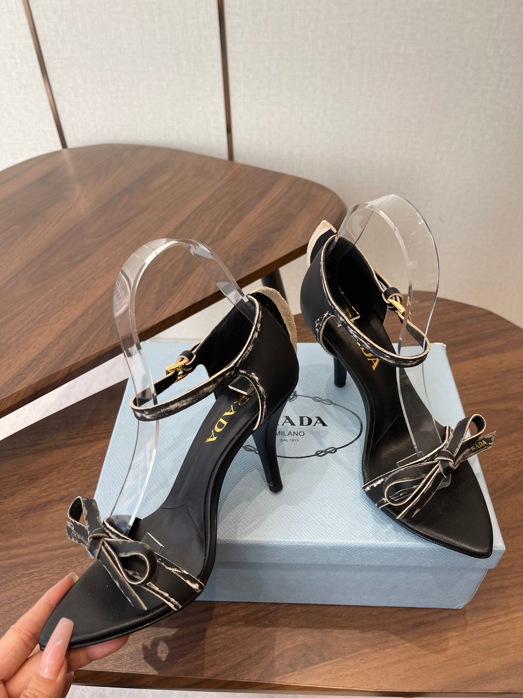 PRADA 26S HIGH HEEL SANDALS 85MM IN BLACK CALFSKIN WITH BOW