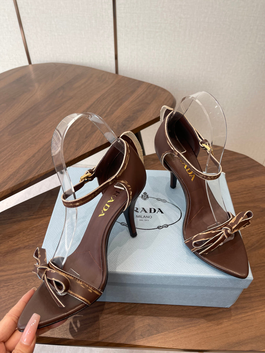PRADA 26S HIGH HEEL SANDALS 85MM IN CHOCOLATE BROWN CALFSKIN WITH BOW