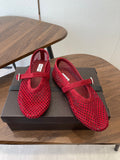 ALAIA 26S MESH FLATS IN DARK RED SUEDE RHINESTONE-EMBELLISHED