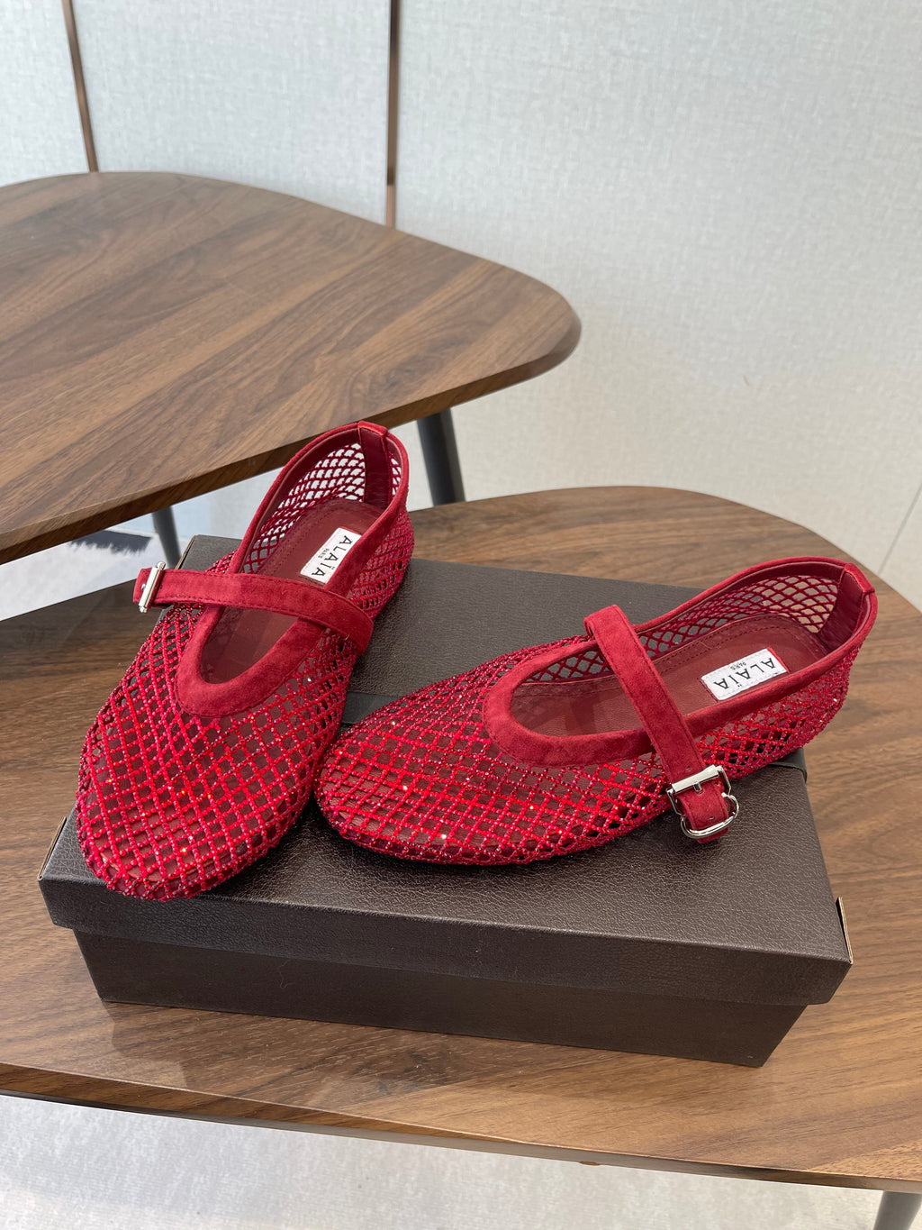ALAIA 26S MESH FLATS IN DARK RED SUEDE RHINESTONE-EMBELLISHED