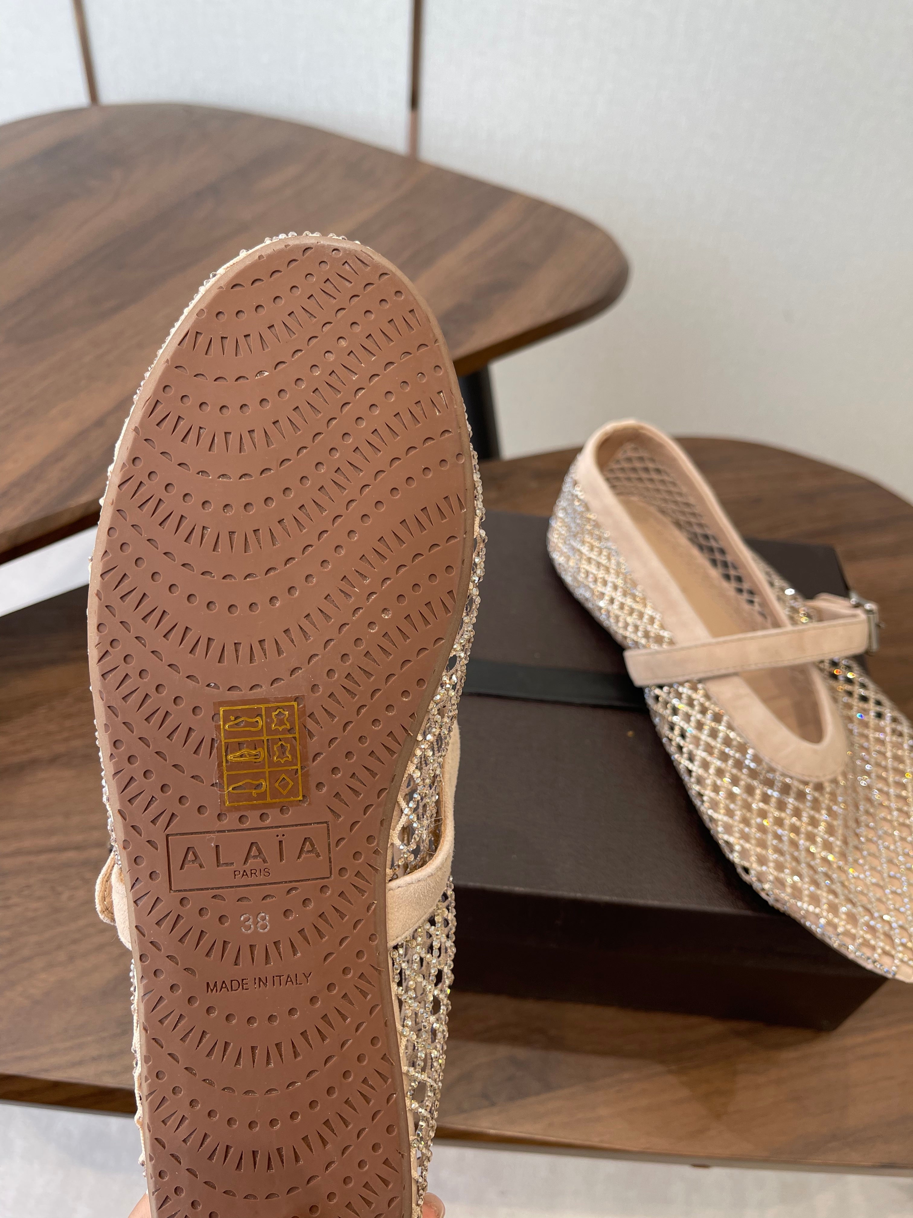 ALAIA 26S MESH FLATS IN BEIGE SUEDE RHINESTONE-EMBELLISHED