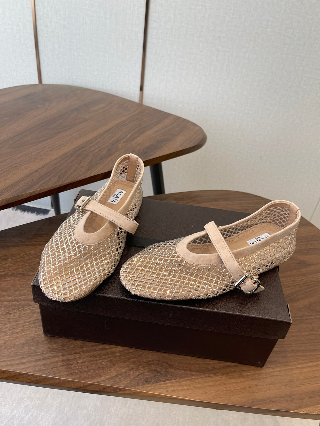 ALAIA 26S MESH FLATS IN BEIGE SUEDE RHINESTONE-EMBELLISHED