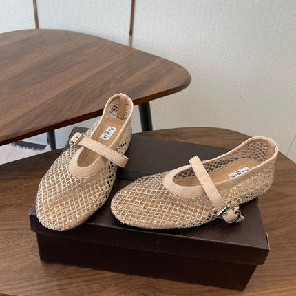 ALAIA 26S MESH FLATS IN BEIGE SUEDE RHINESTONE-EMBELLISHED