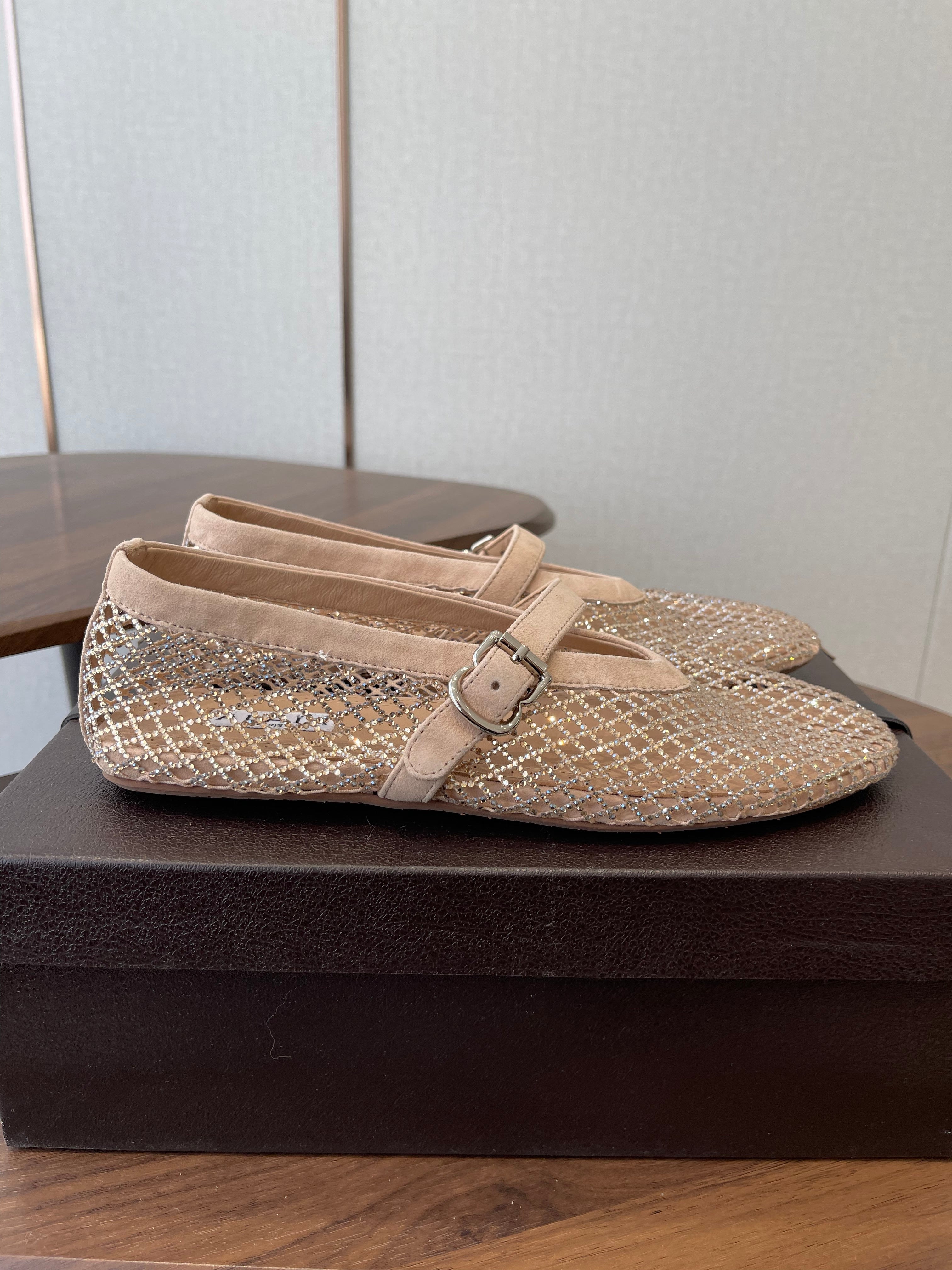 ALAIA 26S MESH FLATS IN BEIGE SUEDE RHINESTONE-EMBELLISHED