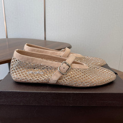 ALAIA 26S MESH FLATS IN BEIGE SUEDE RHINESTONE-EMBELLISHED