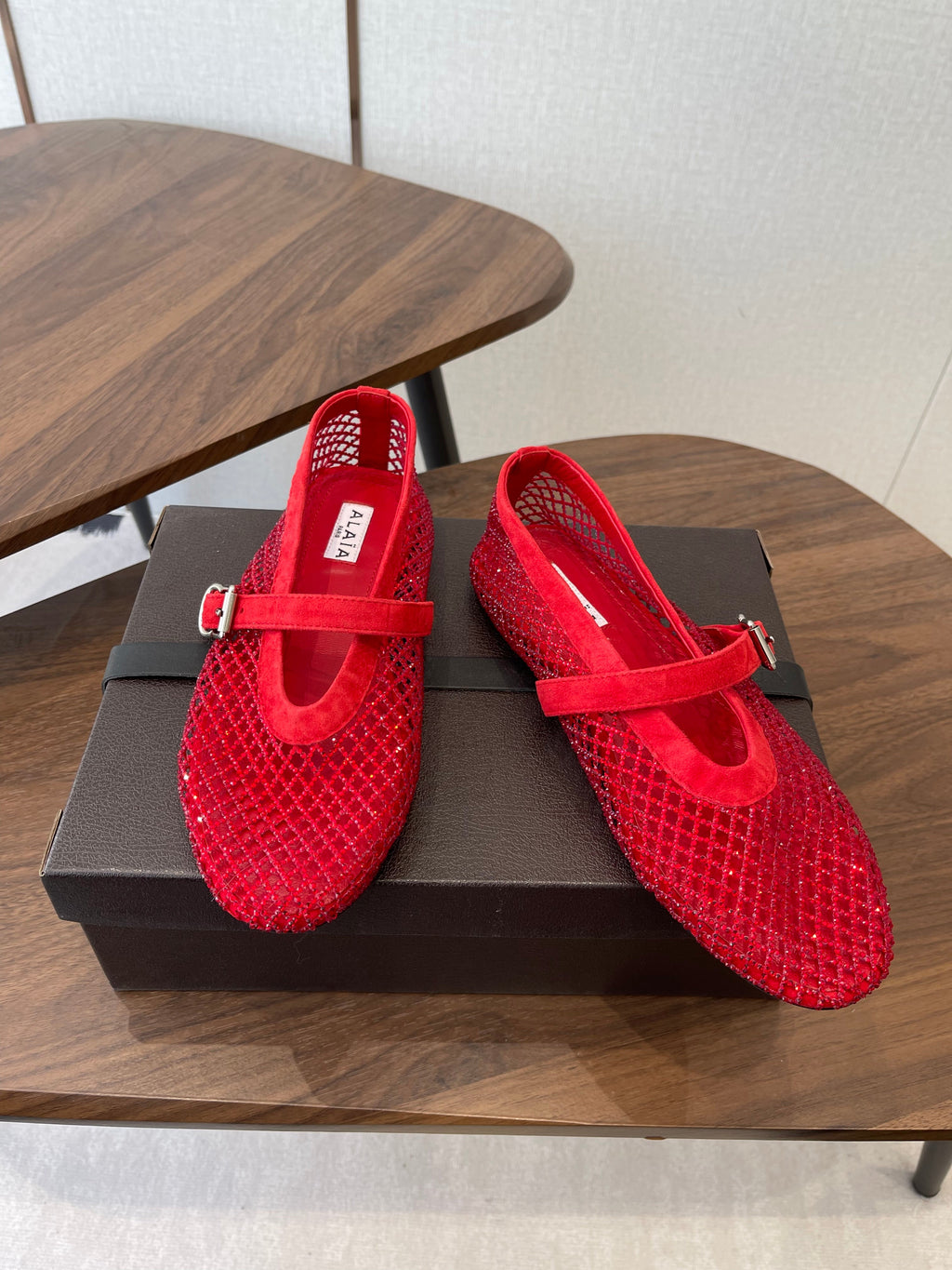 ALAIA 26S MESH FLATS IN RED SUEDE RHINESTONE-EMBELLISHED