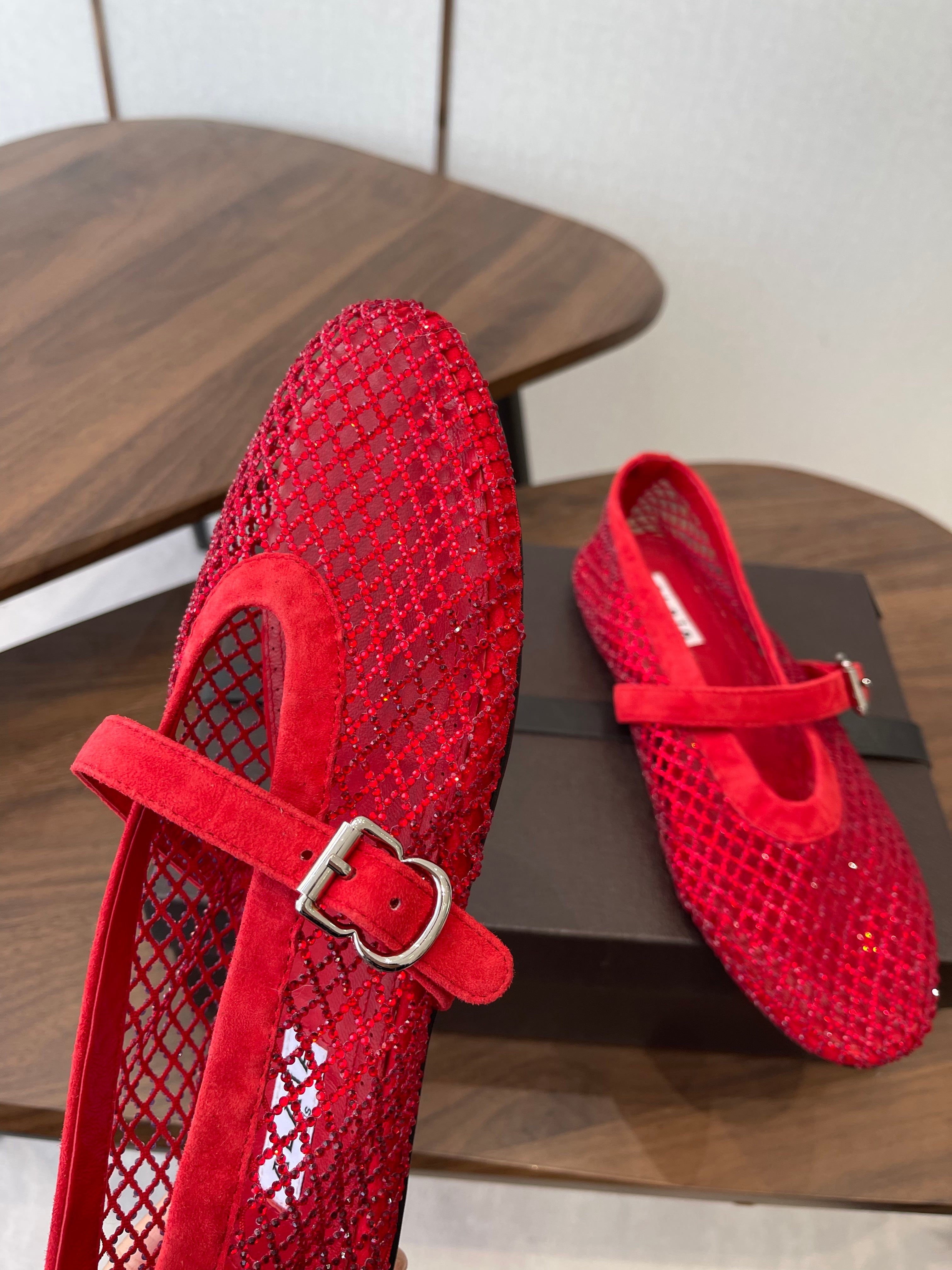 ALAIA 26S MESH FLATS IN RED SUEDE RHINESTONE-EMBELLISHED