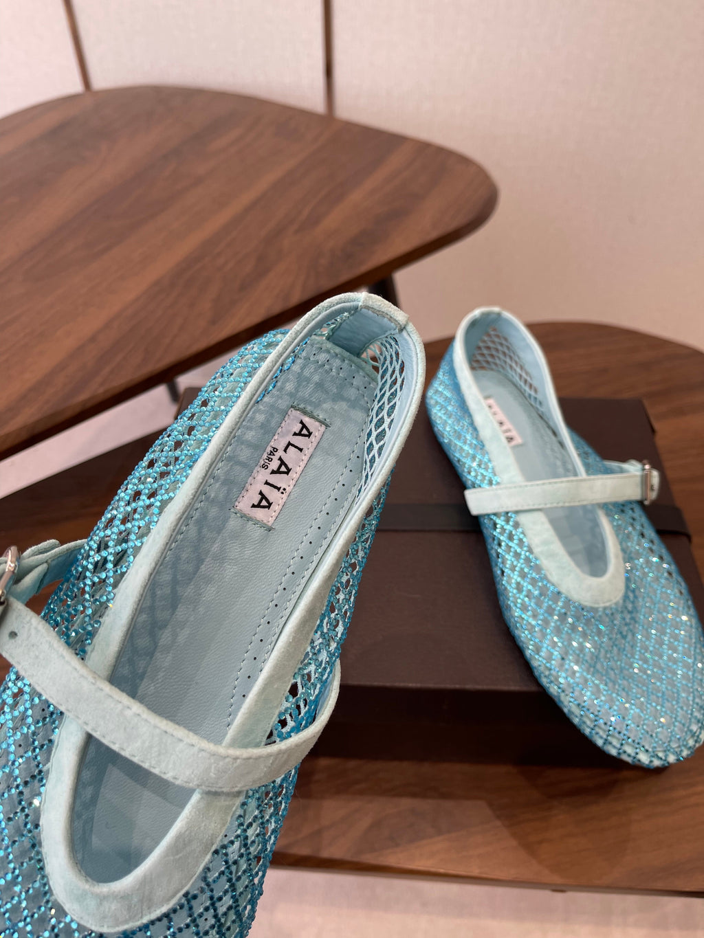 ALAIA 26S MESH FLATS IN BLUE SUEDE RHINESTONE-EMBELLISHED