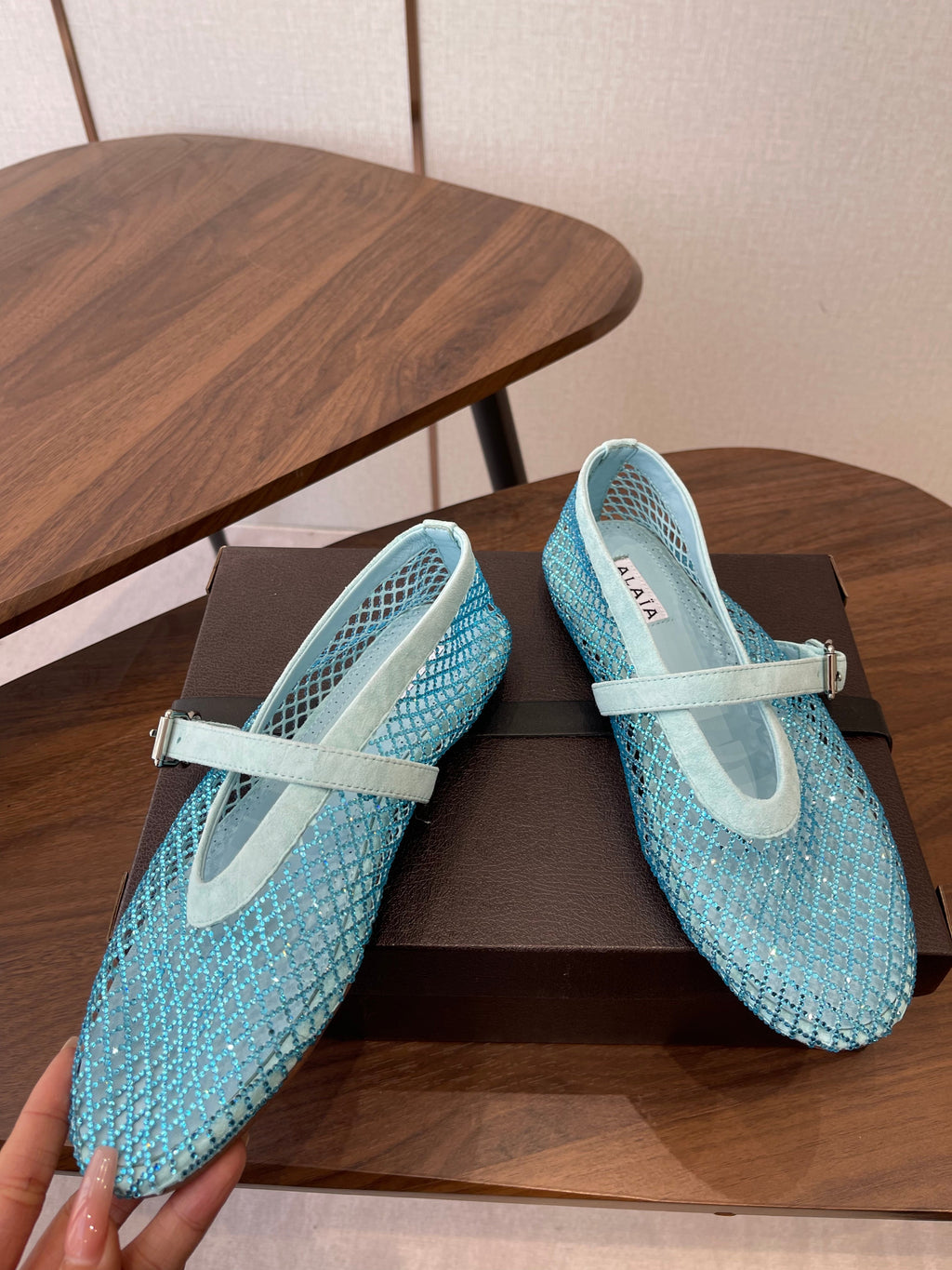 ALAIA 26S MESH FLATS IN BLUE SUEDE RHINESTONE-EMBELLISHED