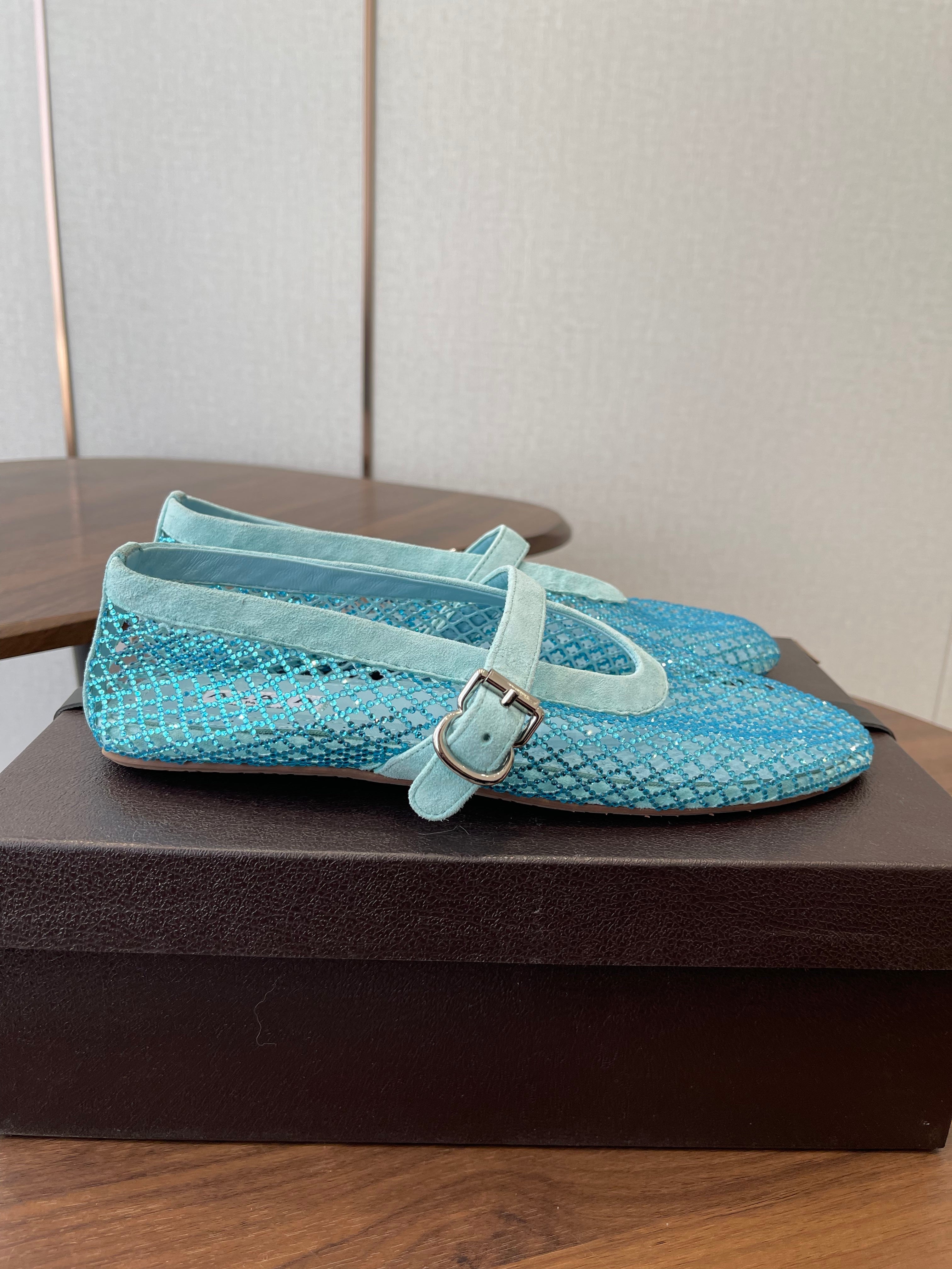ALAIA 26S MESH FLATS IN BLUE SUEDE RHINESTONE-EMBELLISHED
