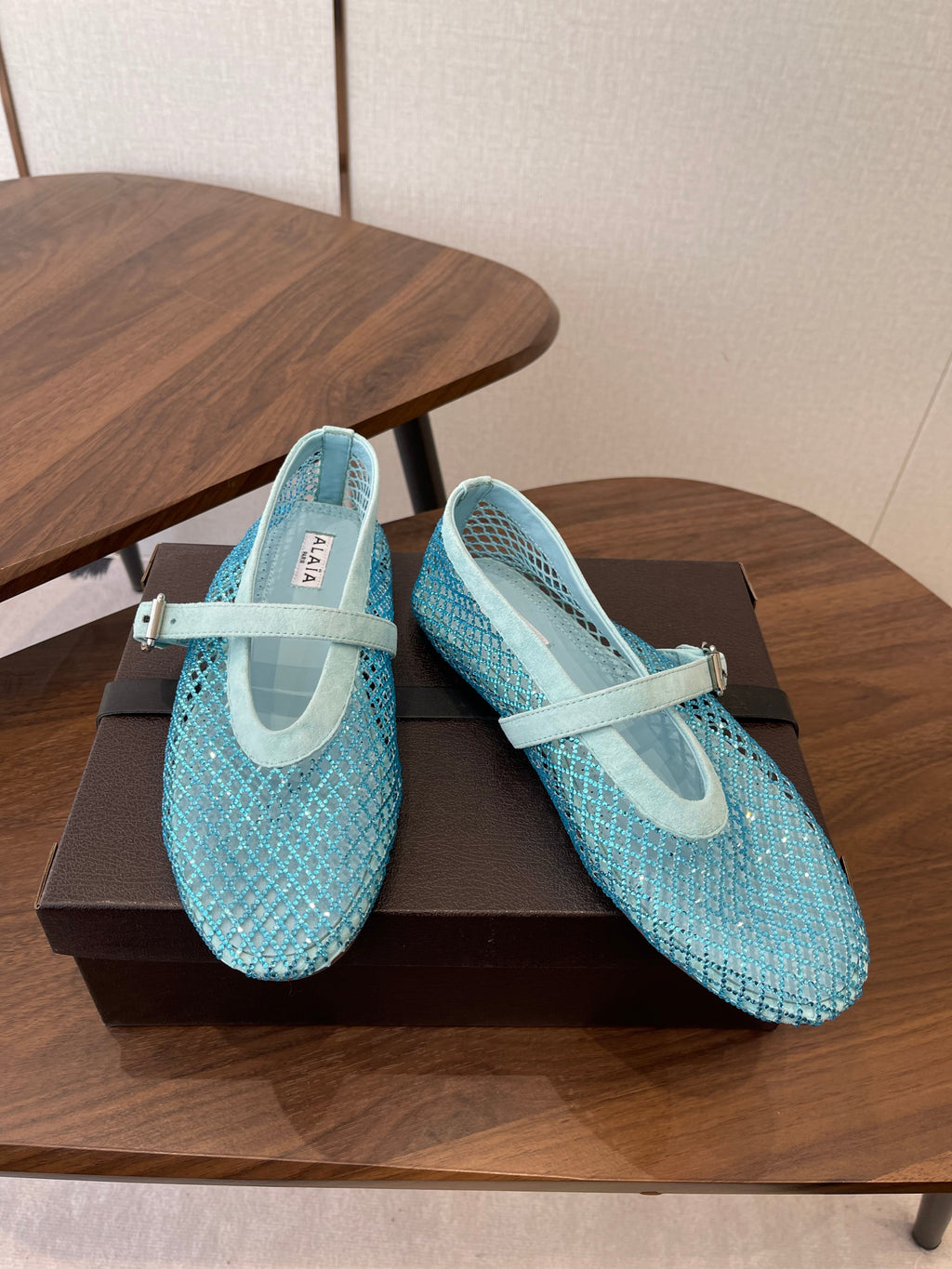ALAIA 26S MESH FLATS IN BLUE SUEDE RHINESTONE-EMBELLISHED